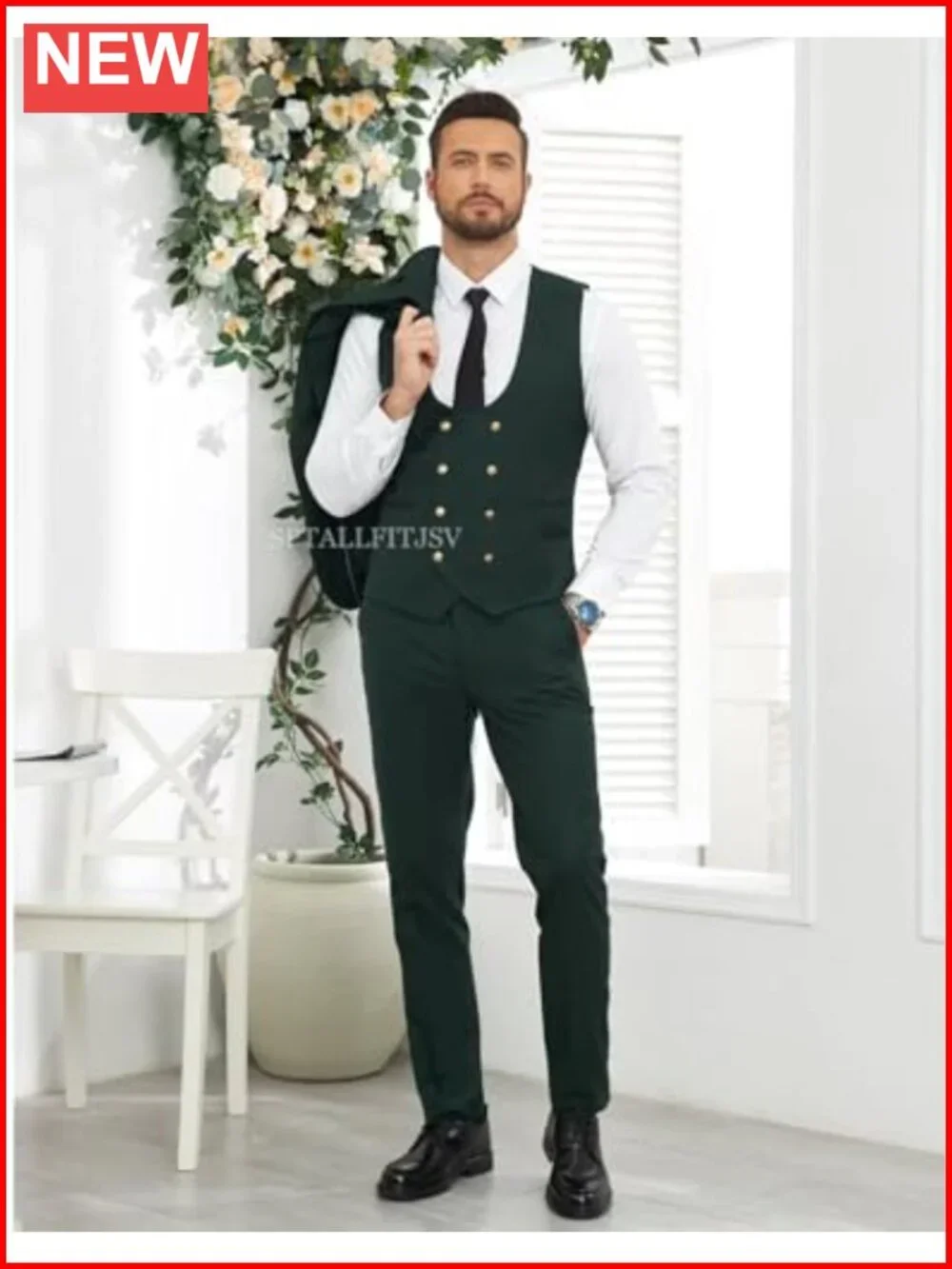 Men's 3 Piece Slim Fit Suit Set with Vest Gold Buttons Wedding Prom